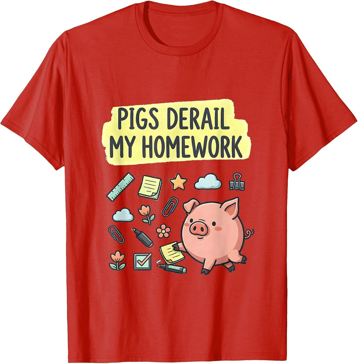 Men's Pigs Derail My Homework Funny Pig Lover Kawaii Stationery T-Shirt - Red
