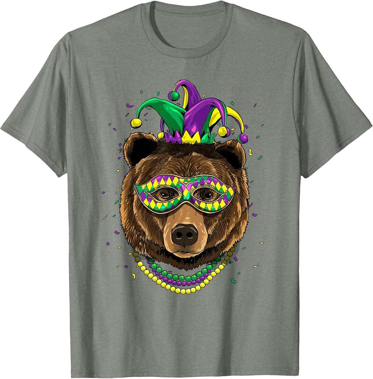 Bear Animal Lover Cute Mardi Gras Carnival Jester T-Shirt, Men, Olive Heather, X-Large - As Pictured