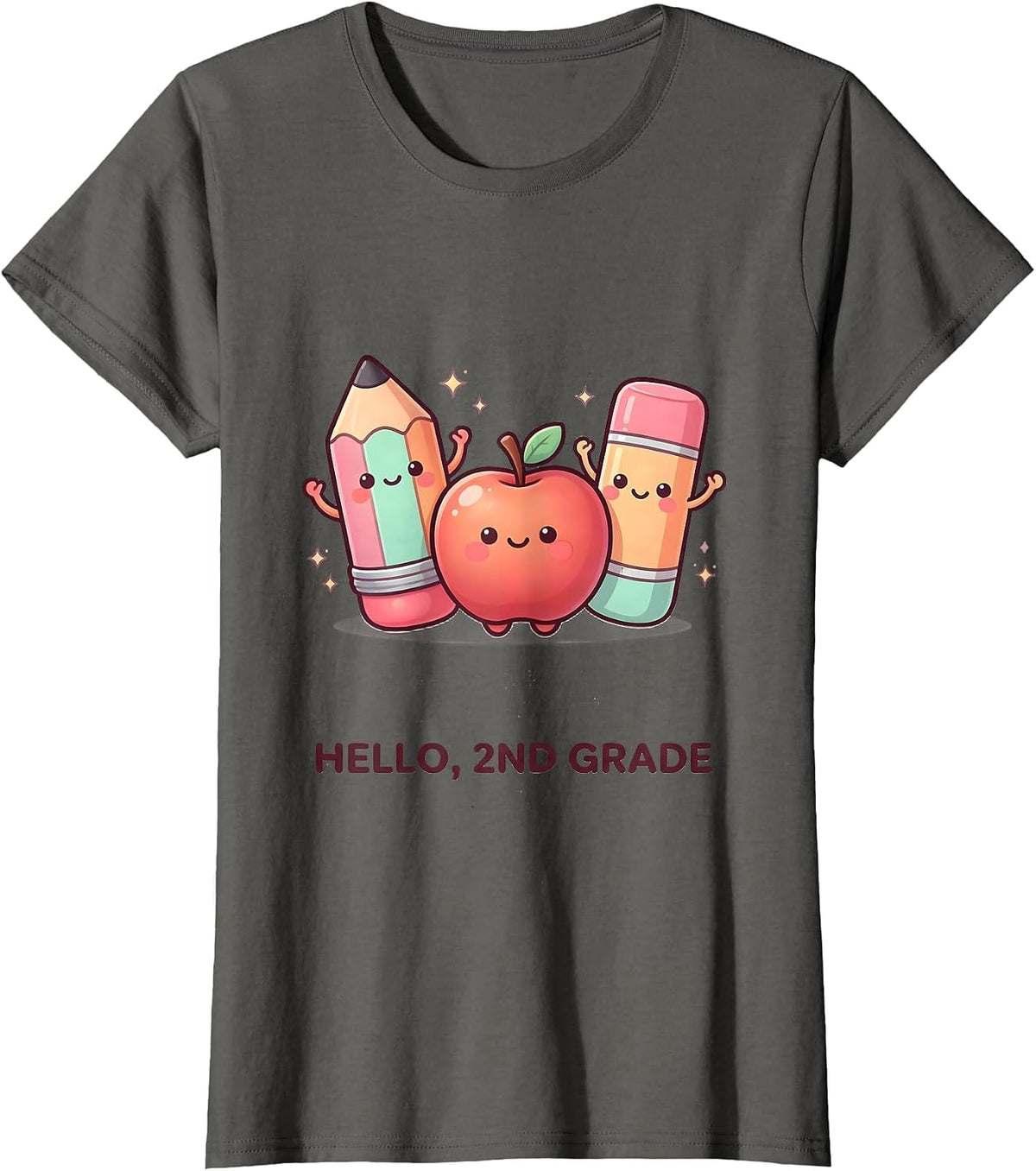 Women's Hello, 2nd Grade Cute Kawaii School Supplies Back To School T-Shirt - Asphalt Grey