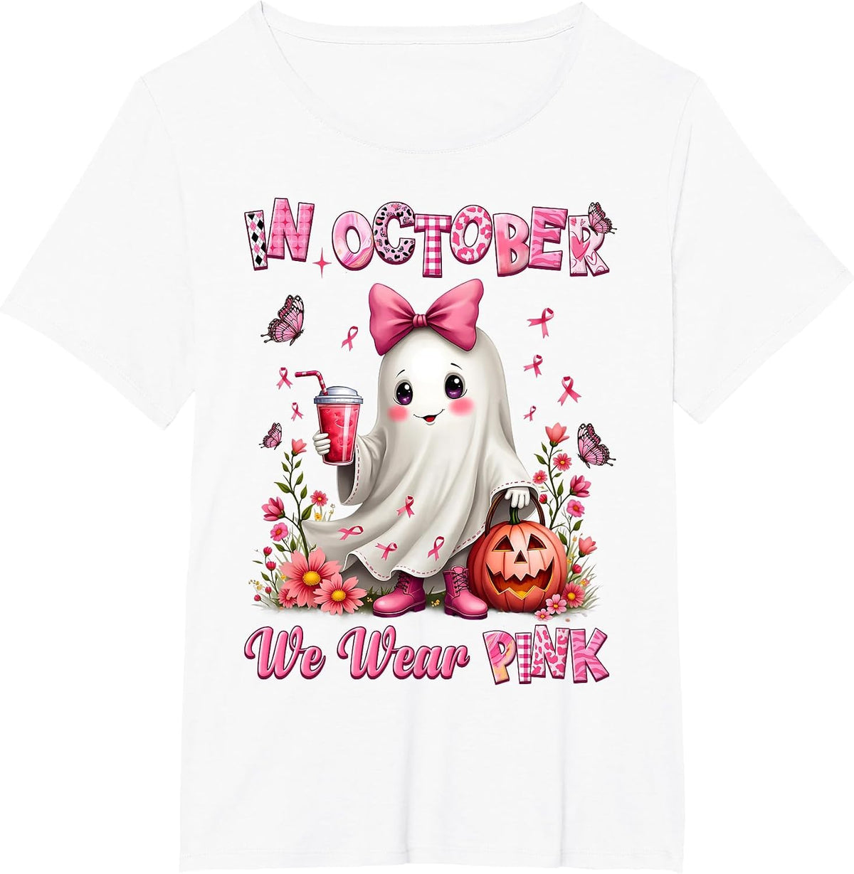in October We Wear Pink Ghost Breast Cancer Awareness T-Shirt - White