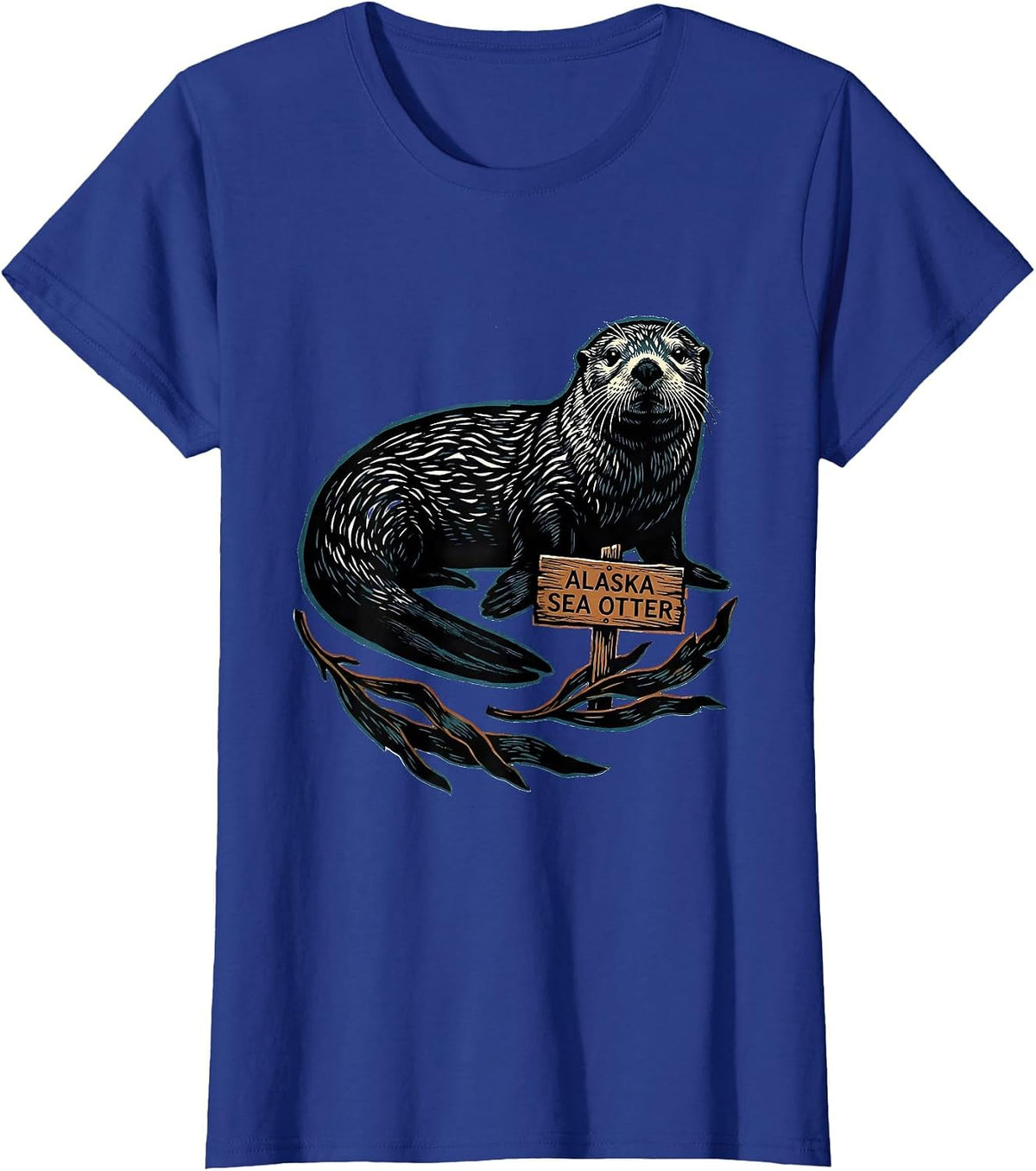 Women's Alaska Sea Otter Linocut Vintage State Pride Wildlife T-Shirt - Royal Blue