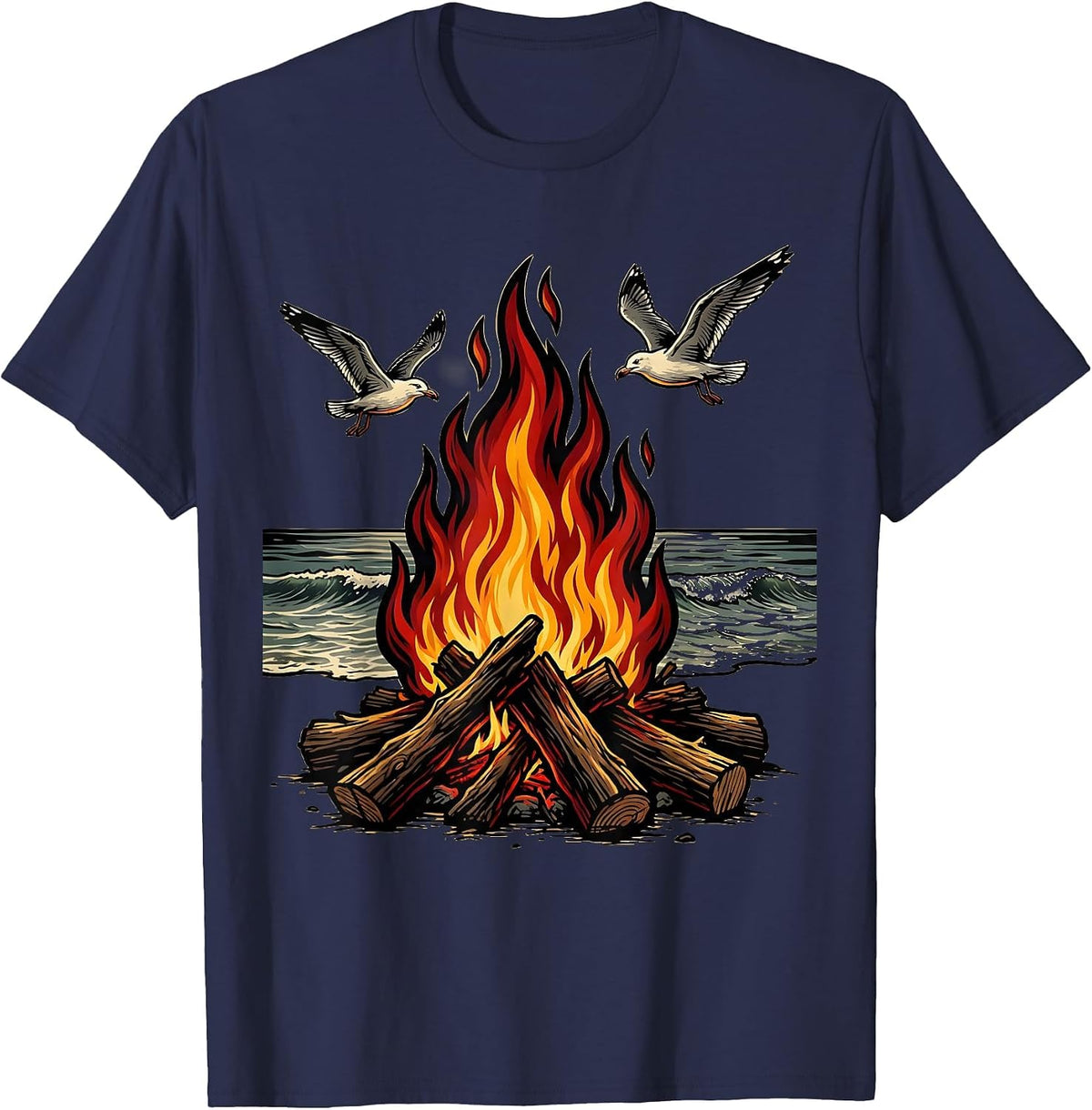 Driftwood Campfire Empty Beach Freedom Design T-Shirt - Navy Blue