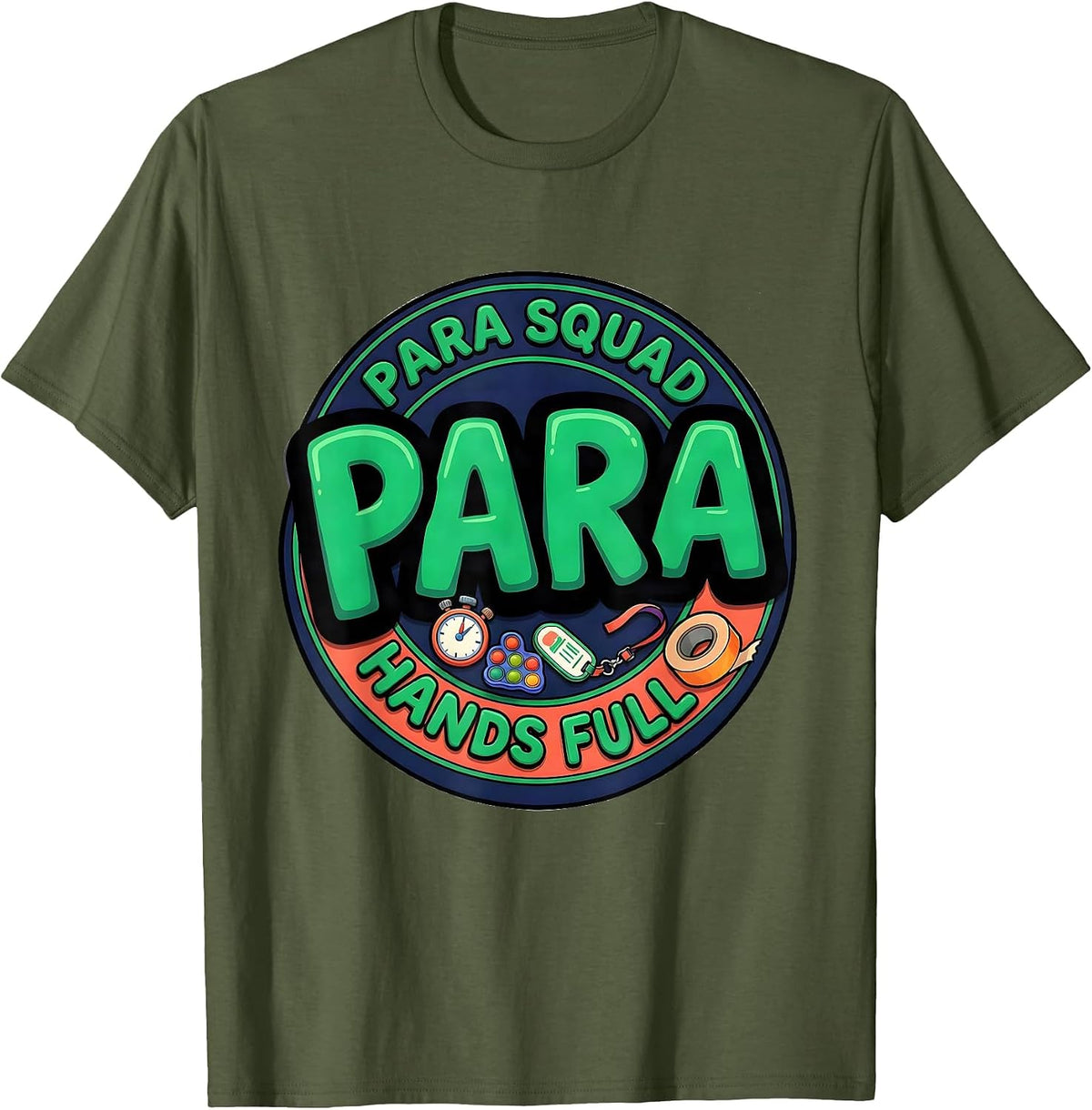 Men's Para Squad Hands Full Bold Cartoon Back To School T-Shirt - Olive Green