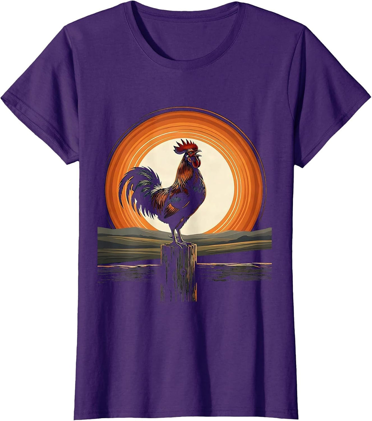 Women's Rooster Crowing on Fence Post Graphic T-Shirt - Purple