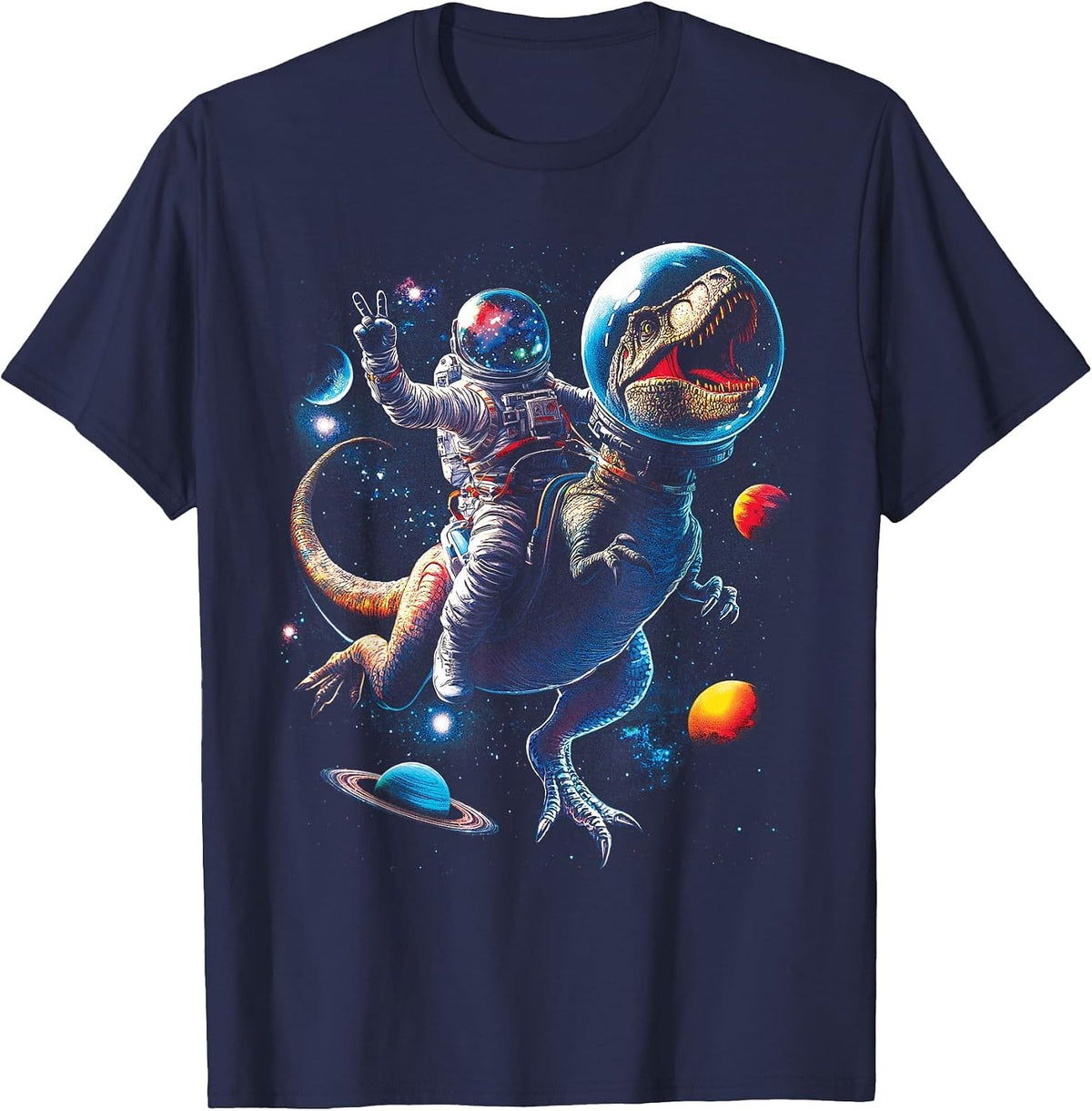 Astronaut Dinosaur T Rex Outer Space Science Galaxy Universe T-Shirt - Navy Blue