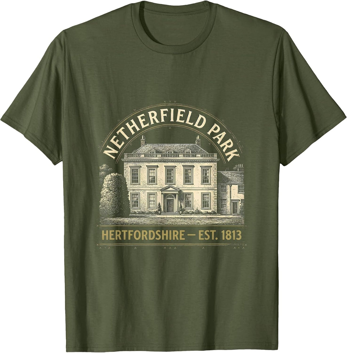 Men's Netherfield Park, Hertfordshire — Est. 1813 Bookish T-Shirt - Olive Green