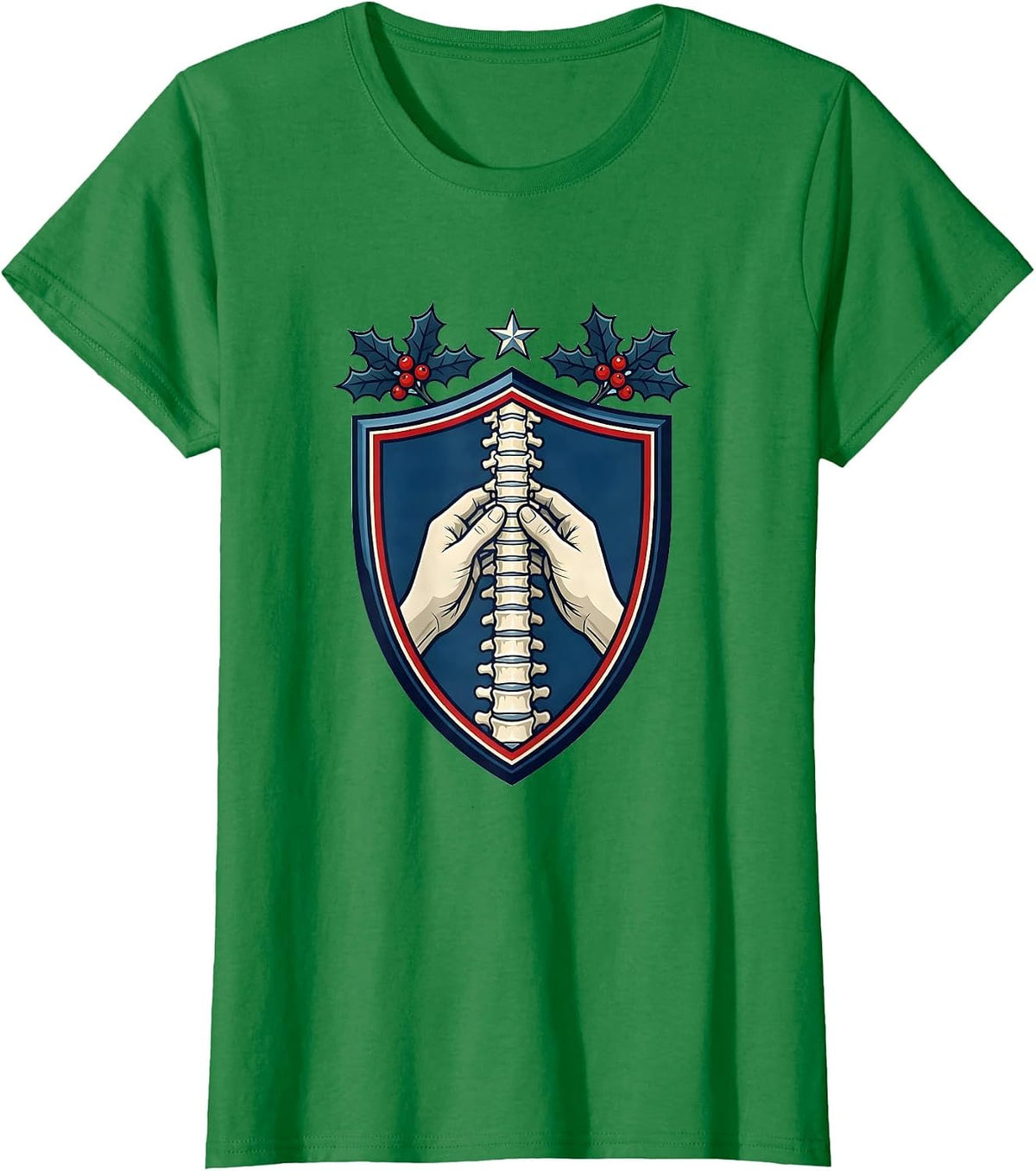 Women's Shield Spine Alignment Chiropractor Christmas Humor T-Shirt - Kelly Green