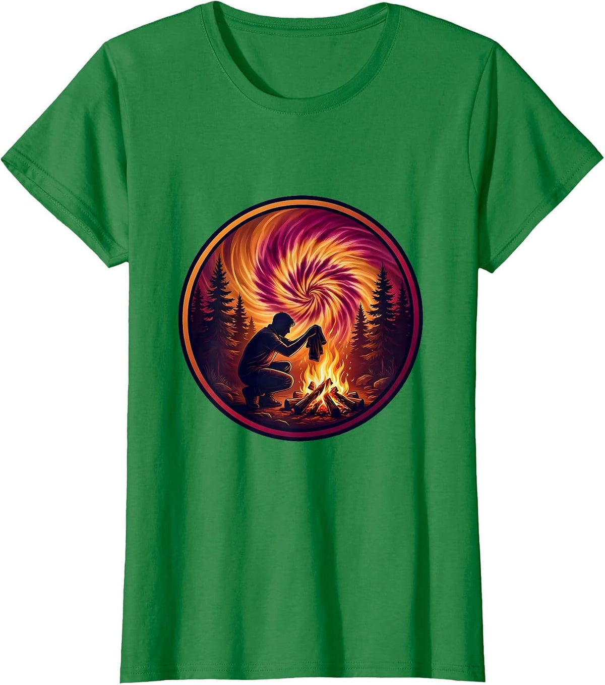 Women's Tie Dye Campfire Forest Graphic T-Shirt - Kelly Green
