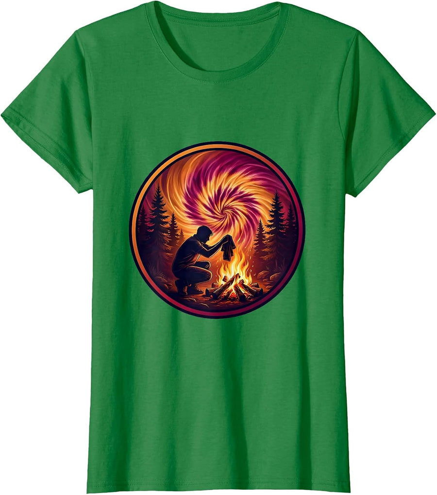 Women's Tie Dye Campfire Forest Graphic T-Shirt - Kelly Green