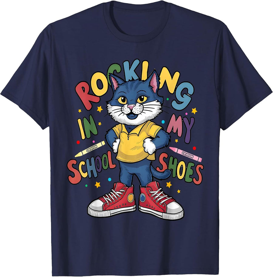 Cat Rocking in My School Shoes Funny Back to School Cat Love T-Shirt - Navy Blue