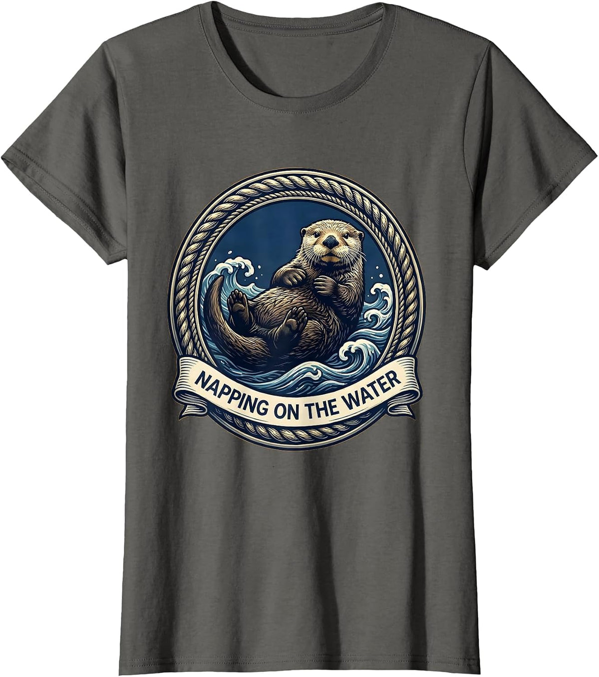 Women's Napping on the Water Sea Otter Design T-Shirt - Asphalt Grey
