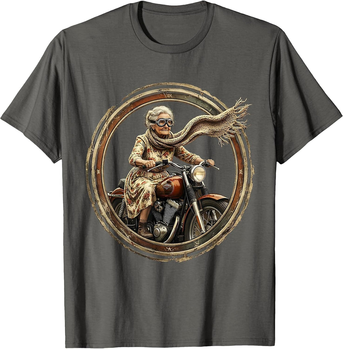 Men's Grandma Biker Scarf Flying Motorcycle Graphic T-Shirt - Asphalt Grey
