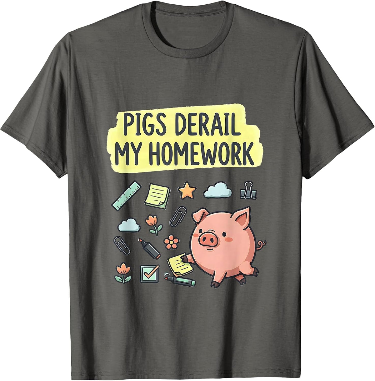 Men's Pigs Derail My Homework Funny Pig Lover Kawaii Stationery T-Shirt - Asphalt Grey