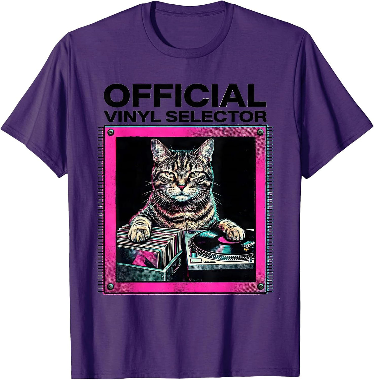 Official Vinyl Selector Risograph Funny Cat DJ Rock Music T-Shirt - Purple