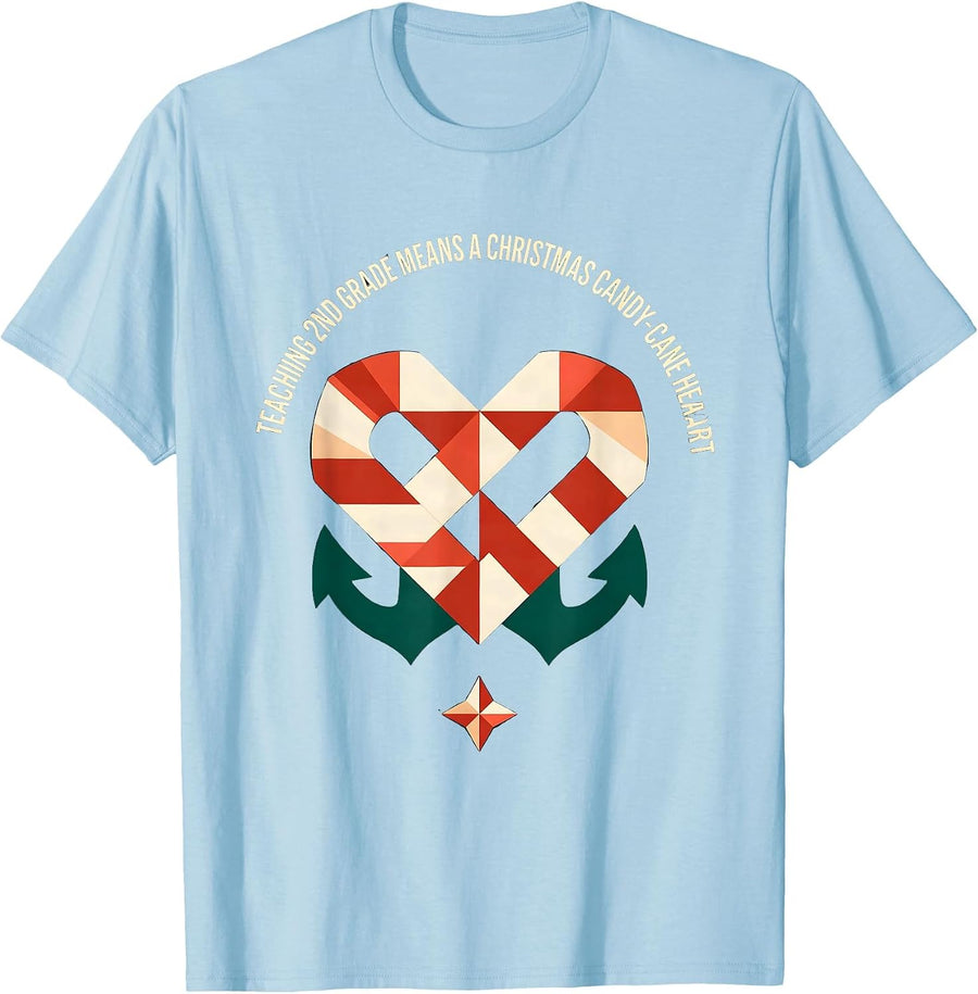 Men's Teaching 2nd Grade Means A Christmas Candy-Cane Heart T-Shirt - Baby Blue