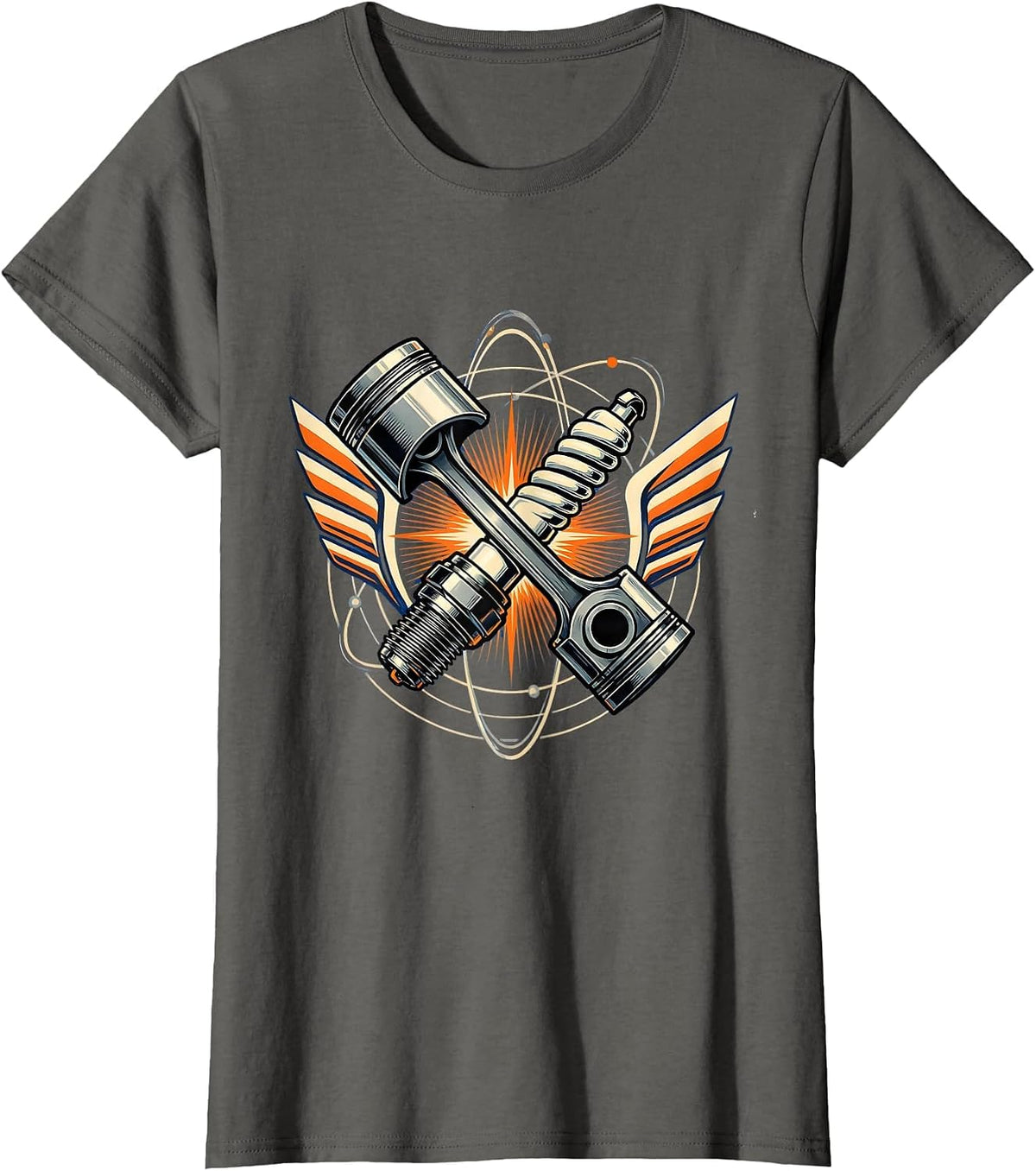 Women's Piston and Spark Plug Crossed Motorcycle Design T-Shirt - Asphalt Grey