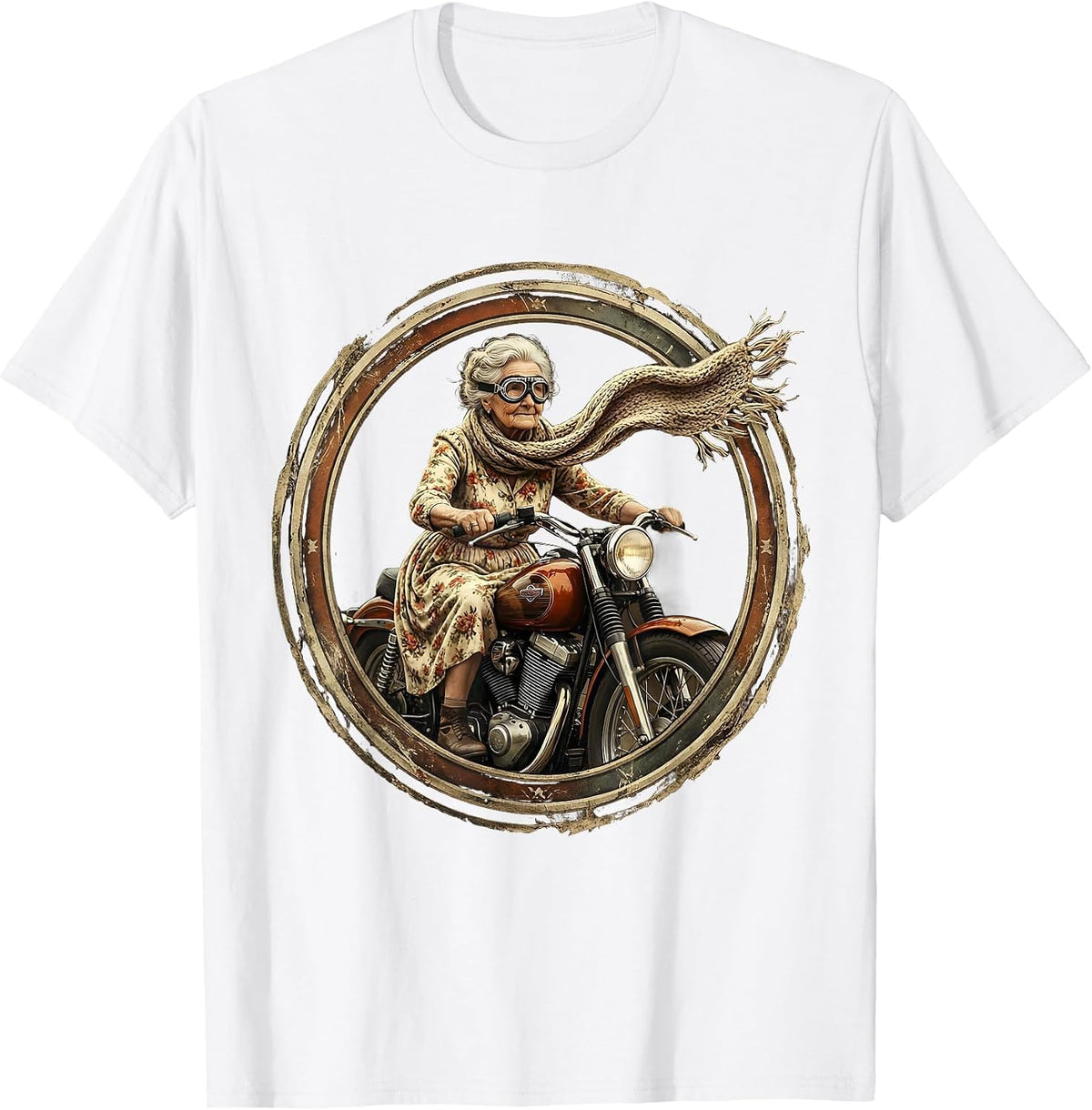 Men's Grandma Biker Scarf Flying Motorcycle Graphic T-Shirt - White