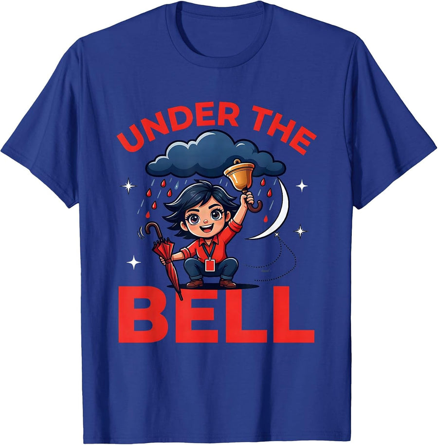 UNDER THE BELL Funny Teacher Cartoon Back To School Gift T-Shirt - Royal Blue