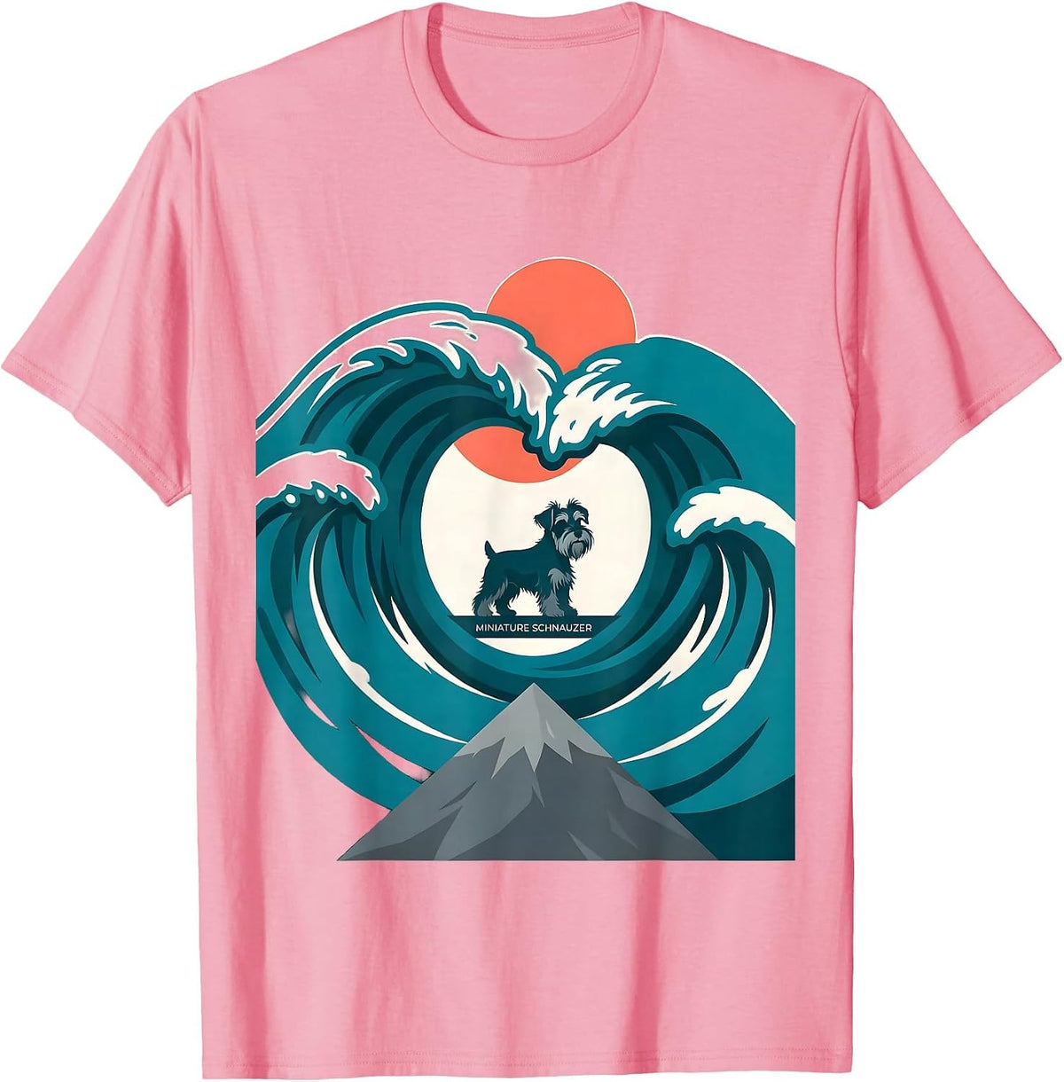 Men's Miniature Schnauzer Flat Vector Surfing Japanese Kanagawa T-Shirt - Pink