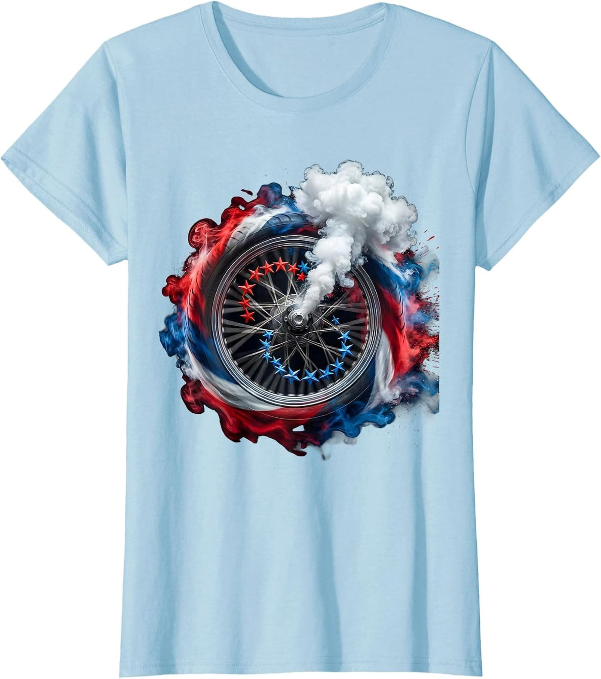 Women's Stars and Stripes Motorcycle Wheel Graphic T-Shirt - Baby Blue