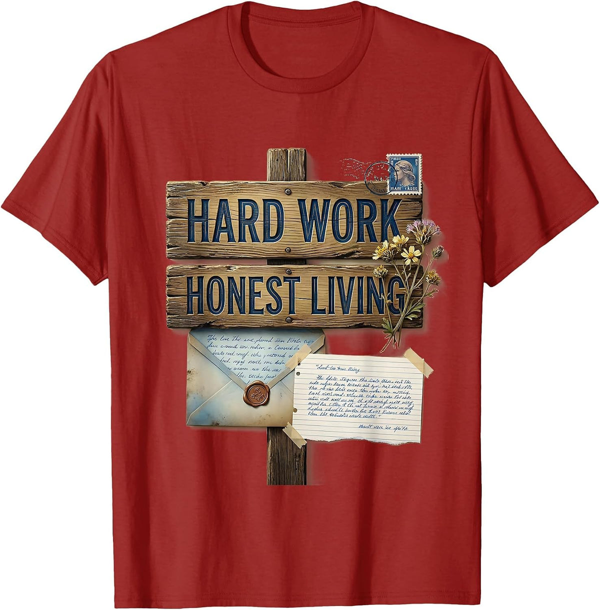 Men's Hard Work Honest Living Cowboy Design T-Shirt - Cranberry Red