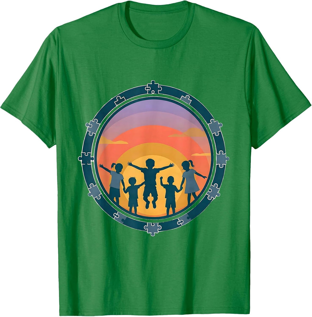 Men's Autism Awareness Diverse Children Sunset Silhouette T-Shirt - Kelly Green