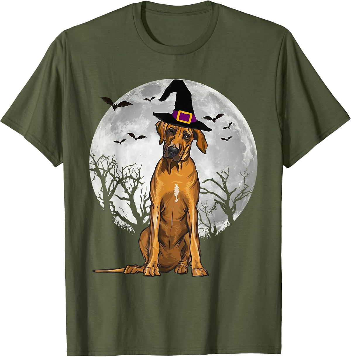 Scary Rhodesian Ridgeback Dog Witch Hat Halloween T-Shirt - Olive Green
