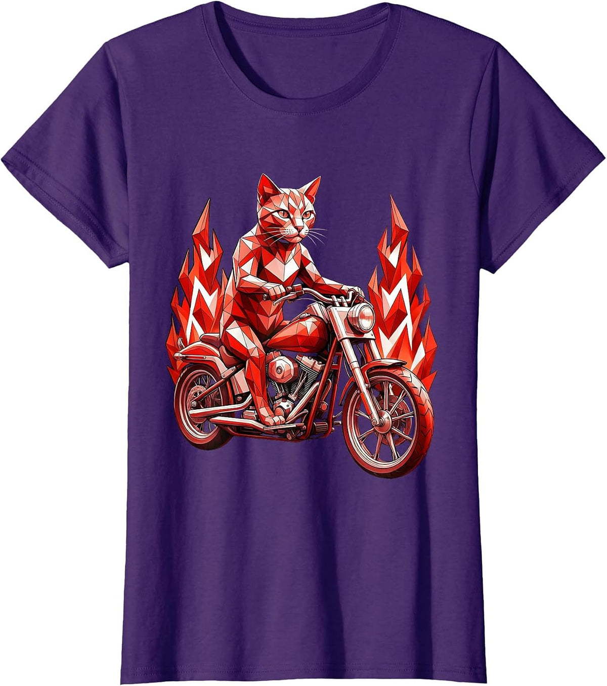 Cat Riding Chopper Motorcycle Through Flames T-Shirt - Purple
