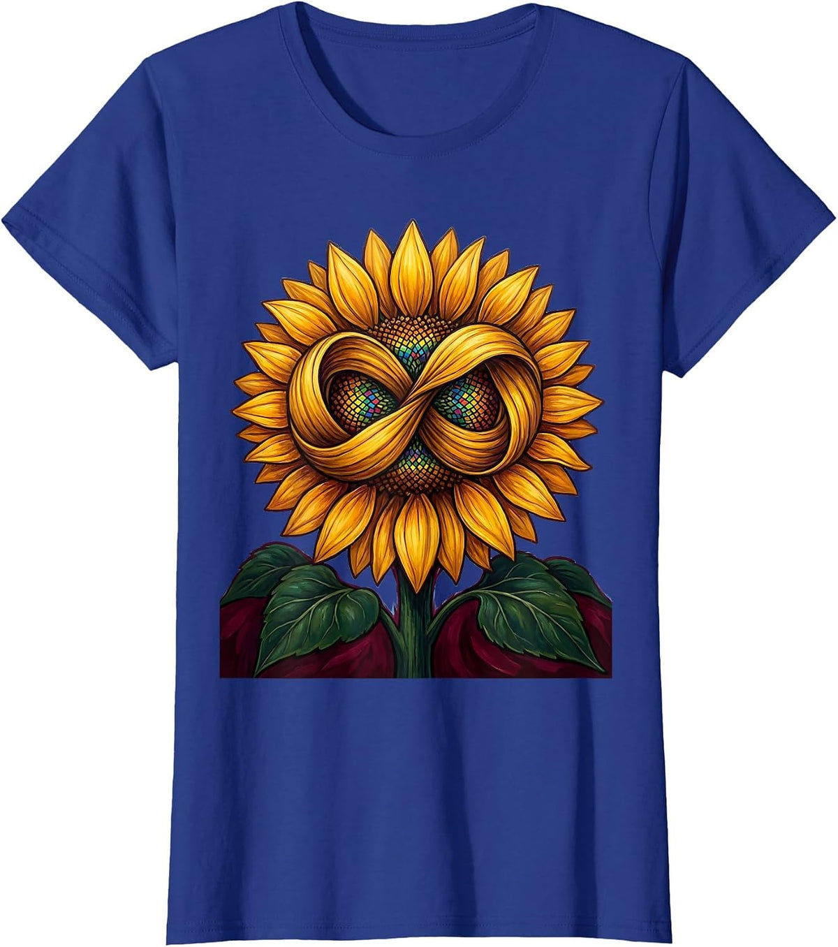 Women's Autism Awareness Sunflower Infinity Symbol Design T-Shirt - Royal Blue