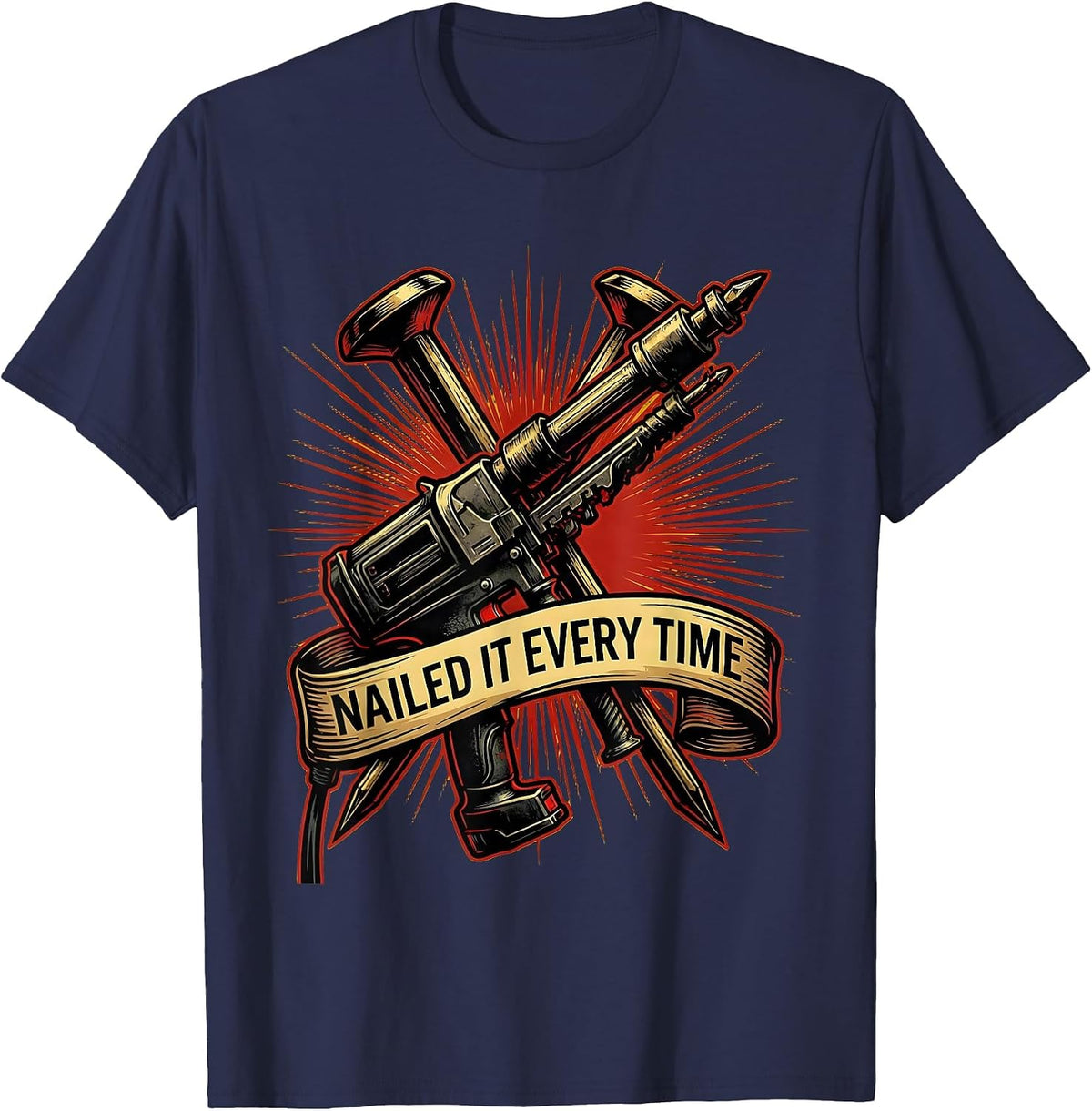 Nailed It Labor Day Nail Gun Bold Graphic T-Shirt - Navy Blue