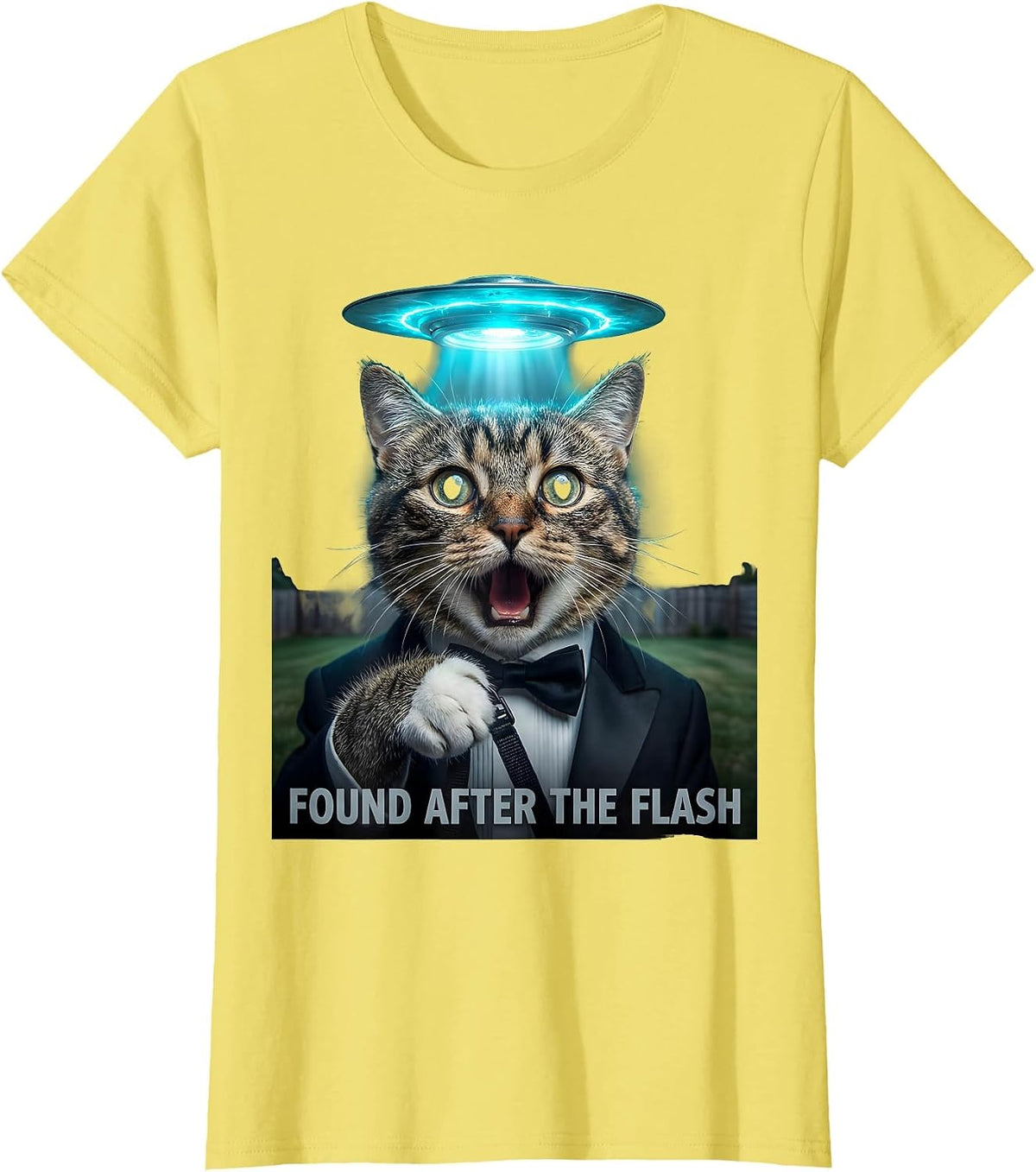 Found After The Flash Photorealistic Cat UFO Abduction T-Shirt - Lemon Yellow