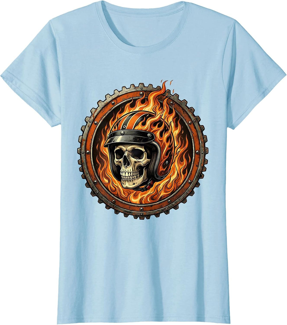 Skull Motorcycle Helmet Flames Graphic Tee T-Shirt - Baby Blue