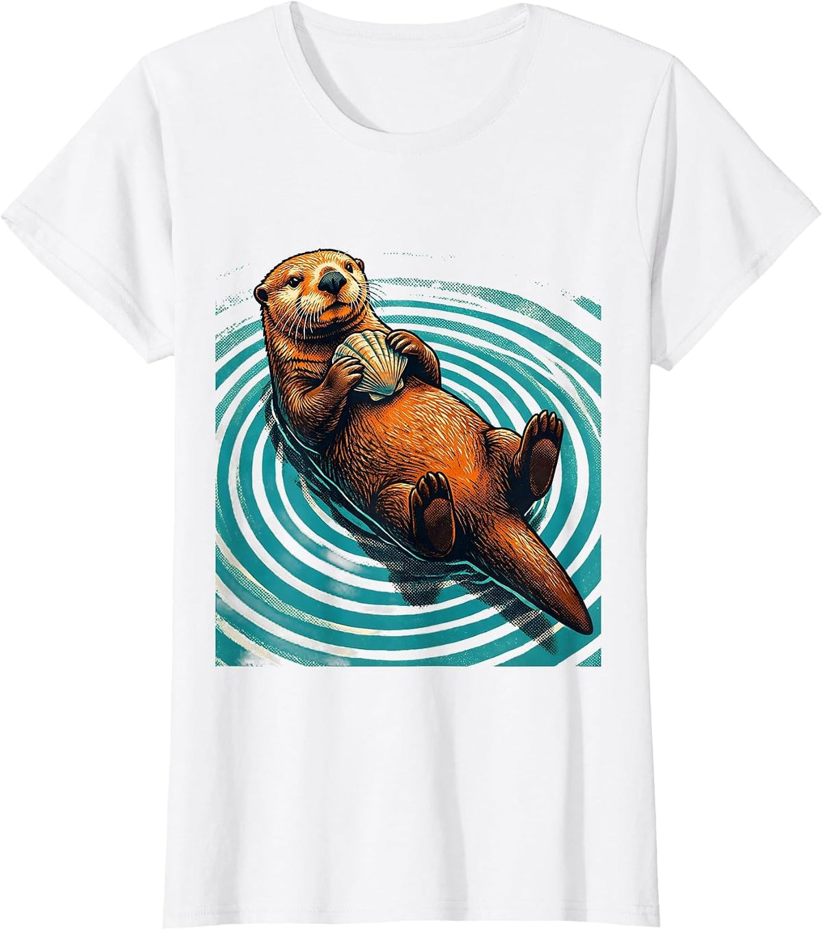 Women's Sea Otter Cracking Clam Graphic Design T-Shirt - White