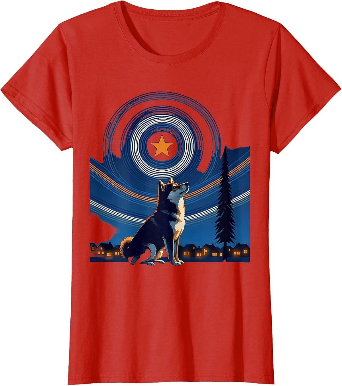 Women's Night Silhouette Shiba Inu Van Gogh Starry Night Art T-Shirt - Red