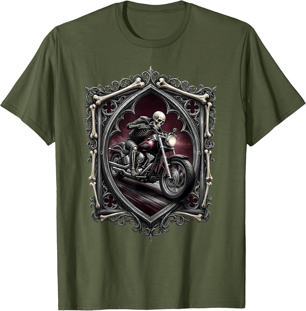 Men's Skeleton Biker Leaning Into Curve Motorcycle Art T-Shirt - Olive Green