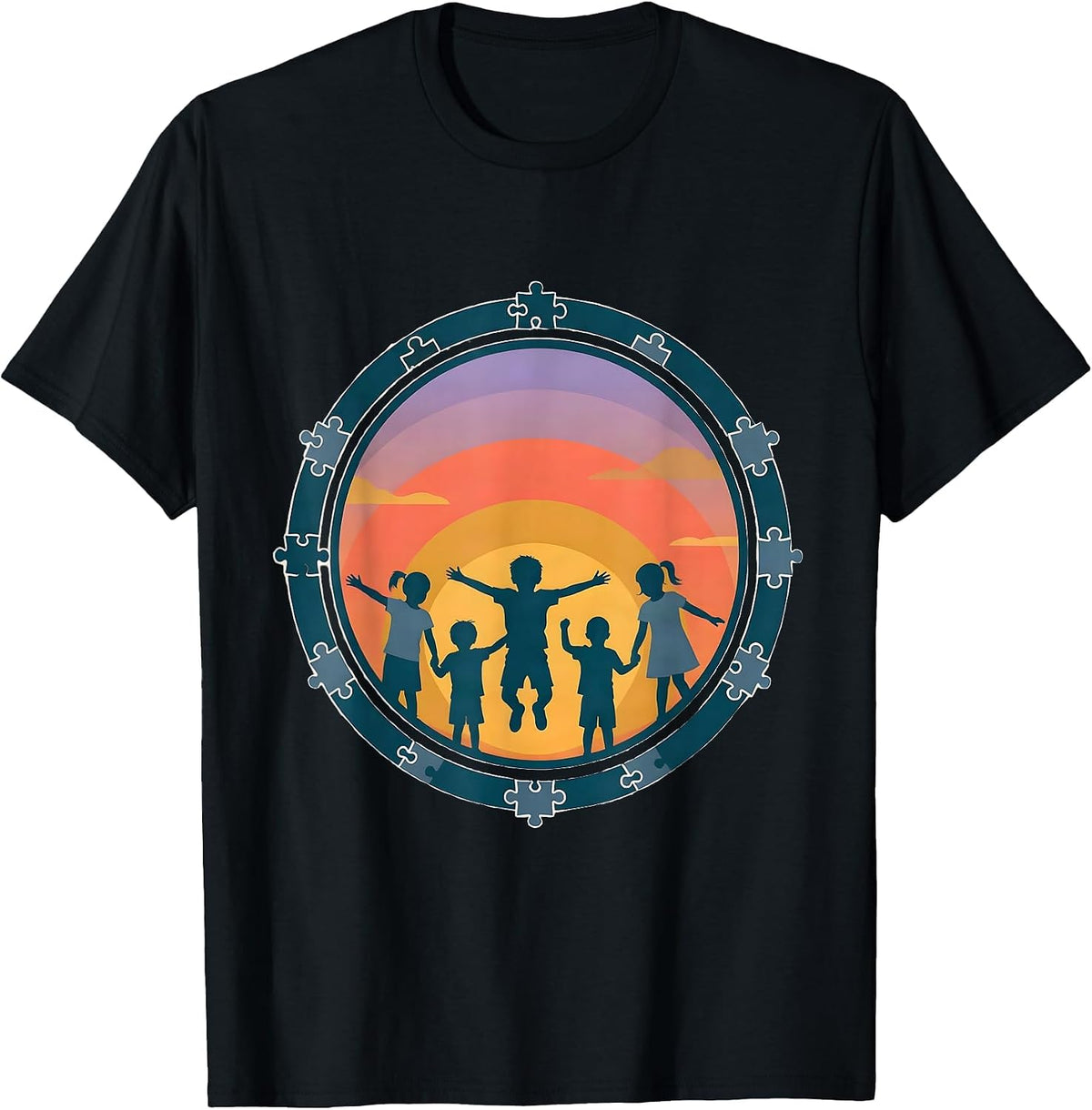 Men's Autism Awareness Diverse Children Sunset Silhouette T-Shirt - Black