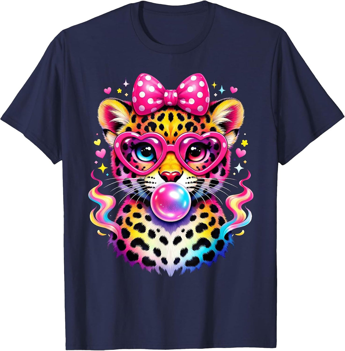 Funny Leopard Glasses Blowing Bubble Gum Back to School Kids T-Shirt - Navy Blue