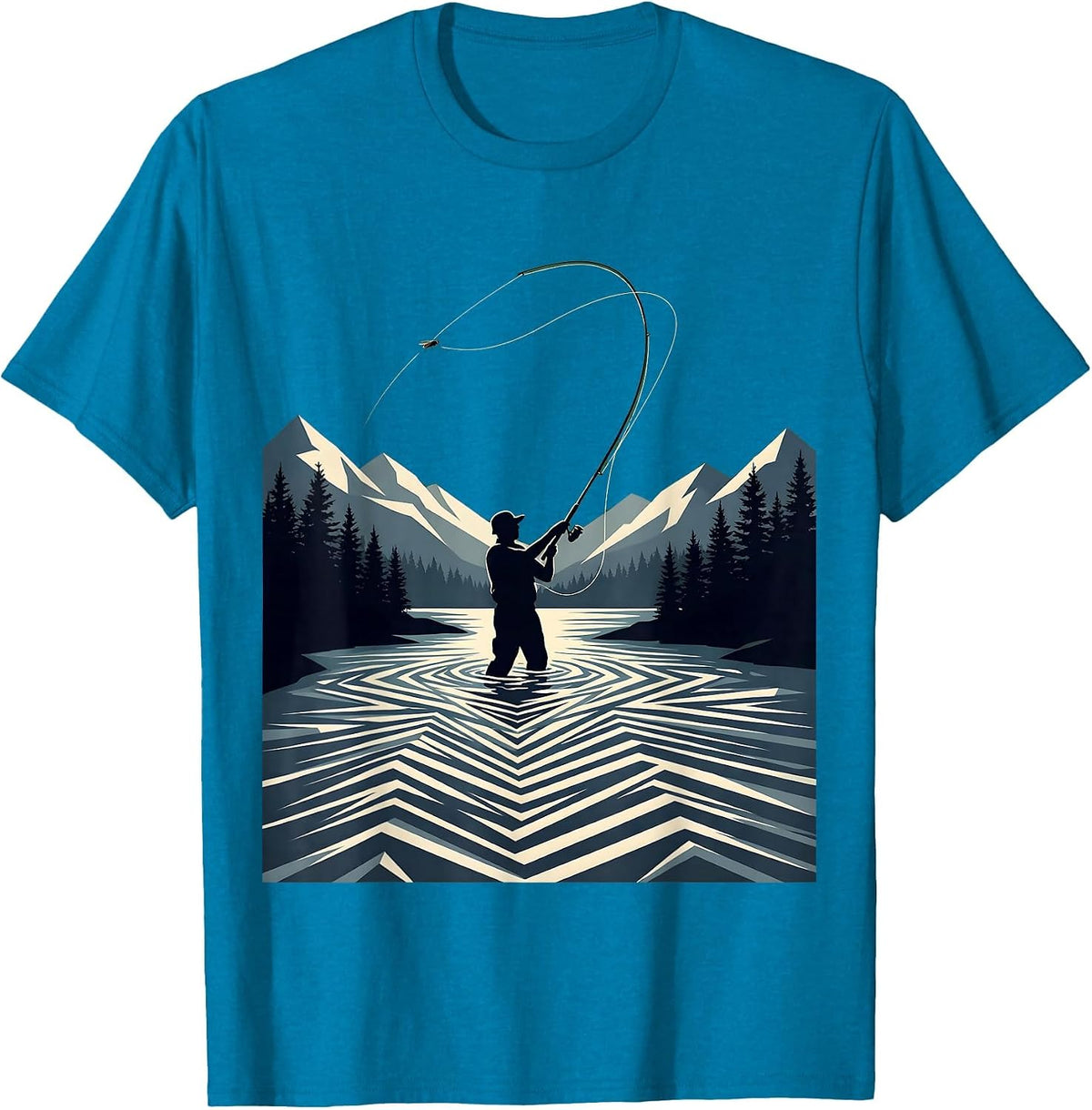 Fly Fishing Mountain River Graphic Tee T-Shirt - Sapphire Blue