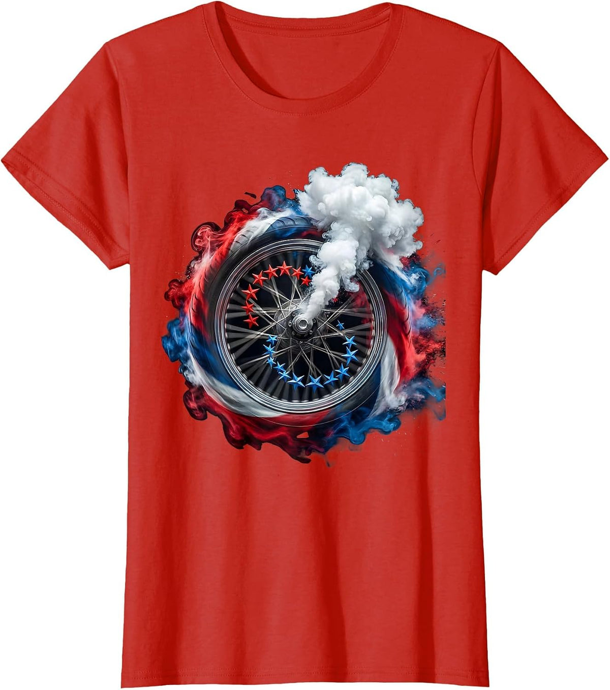 Women's Stars and Stripes Motorcycle Wheel Graphic T-Shirt - Red