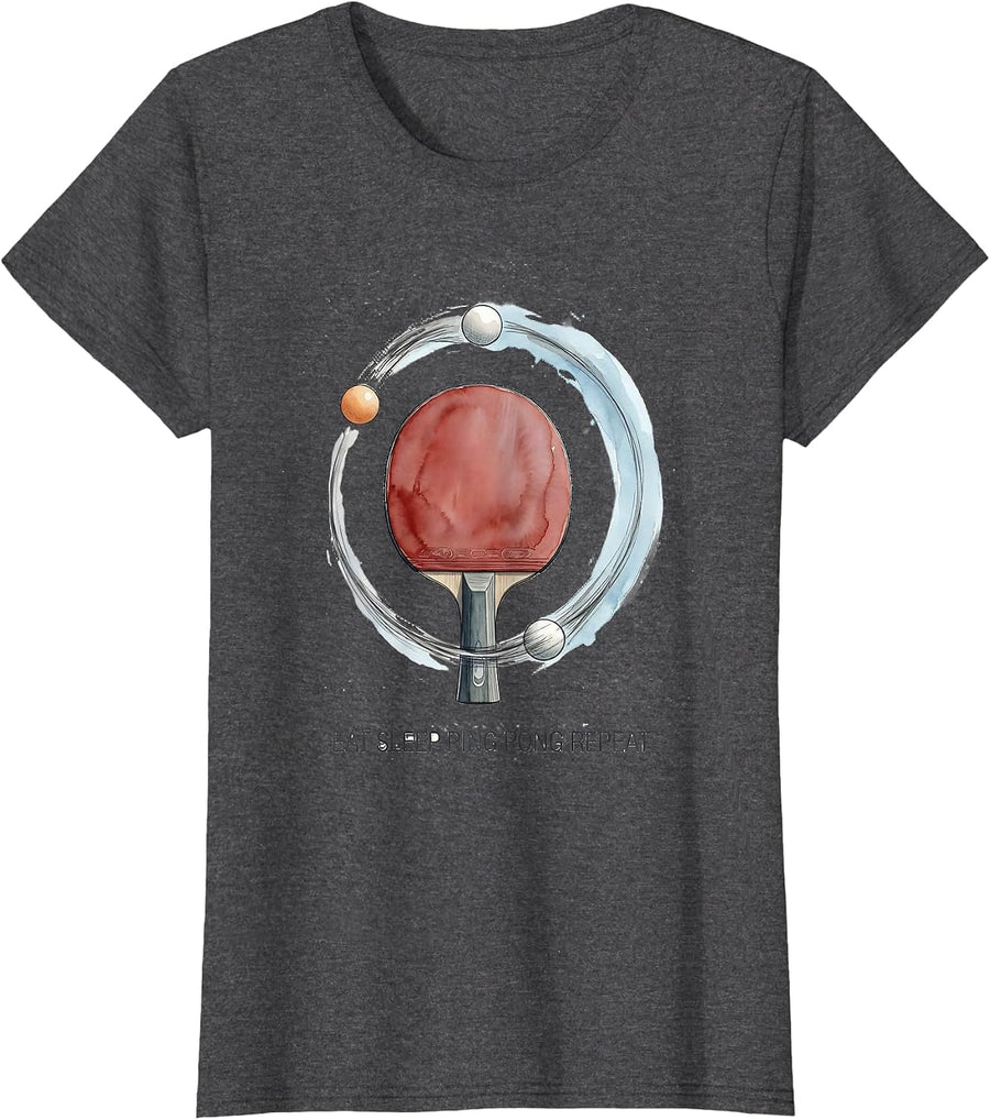 Women's Eat Sleep Ping Pong Repeat Watercolor Racket Sport Humor T-Shirt - Dark Heather Grey