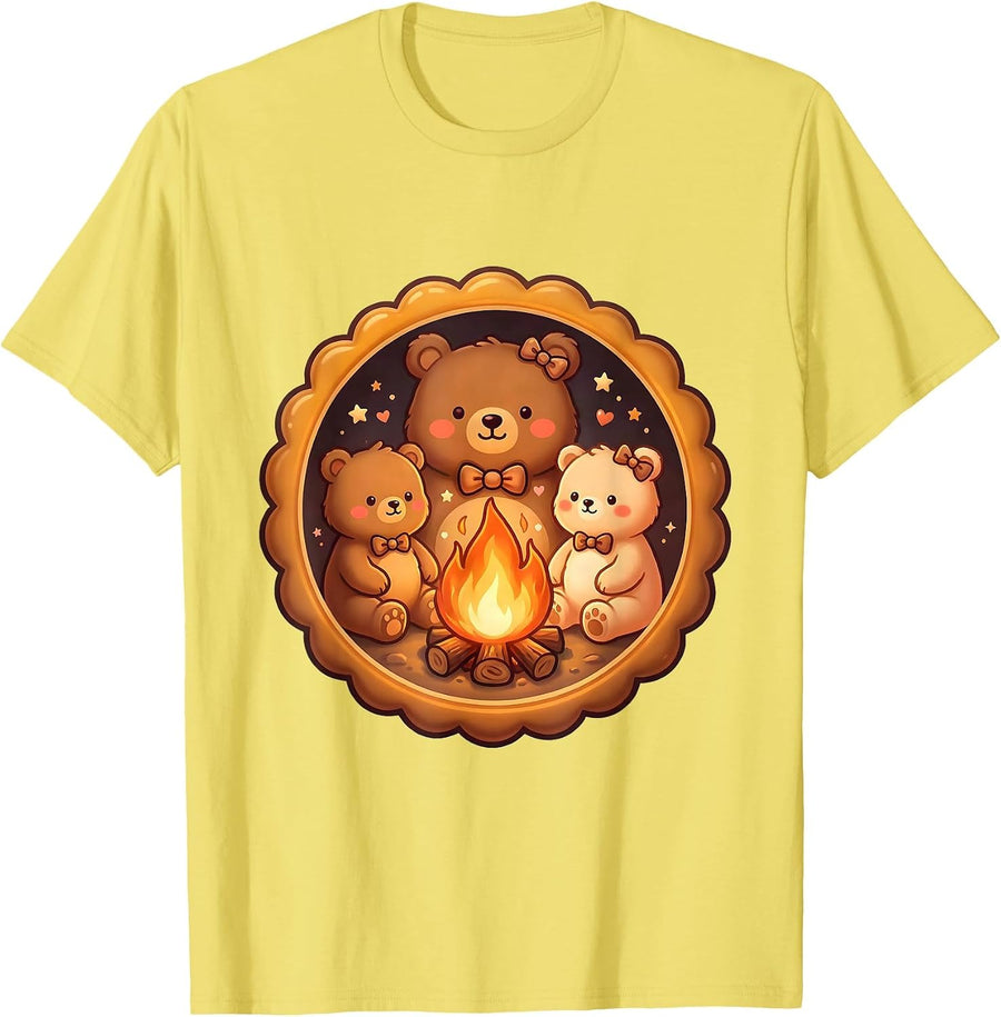 Men's Bear Family Campfire Gathering Illustration T-Shirt - Lemon Yellow