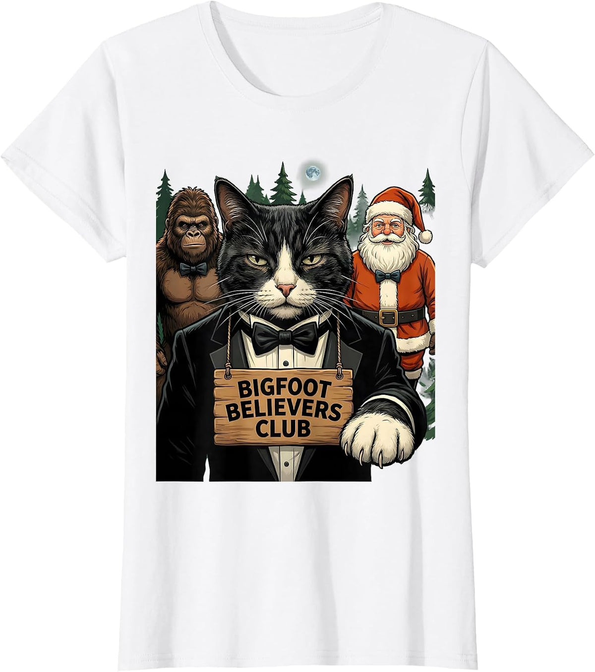 Bigfoot Believers Club Funny Cat Selfie Christmas Sasquatch T-Shirt - White