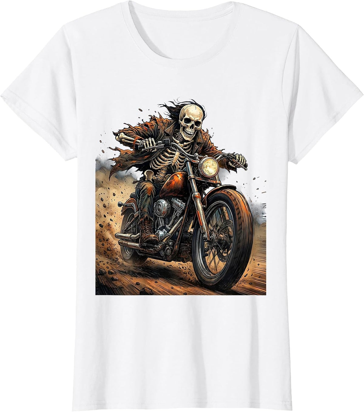 Women's Skeleton Motorcycle Rider Full Speed Graphic T-Shirt - White