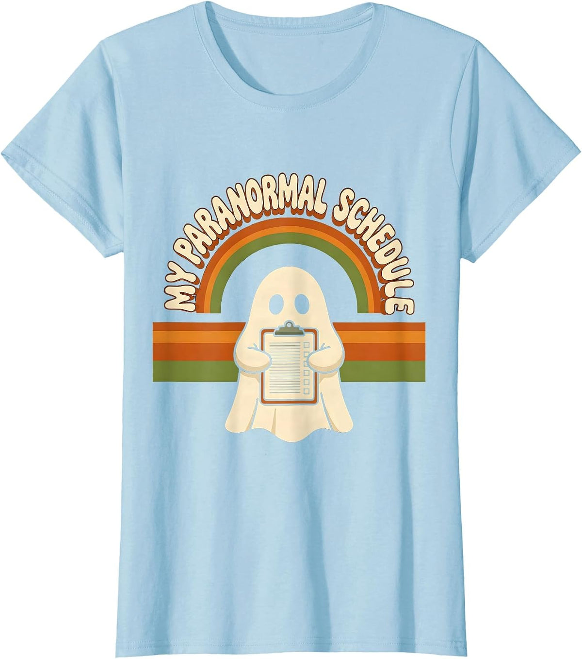 Women's My Para Normal Schedule Retro 70s Ghost Halloween Para T-Shirt - Baby Blue