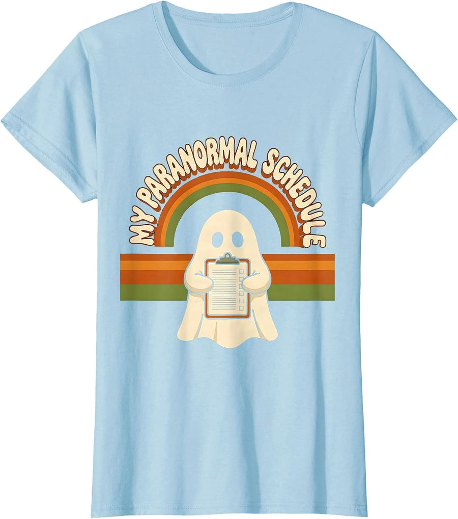 Women's My Para Normal Schedule Retro 70s Ghost Halloween Para T-Shirt - Baby Blue