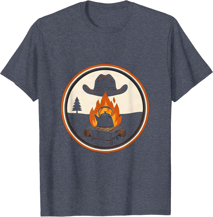 Cowboy Campfire Coffee Pot Western Graphic T-Shirt - Heather Blue