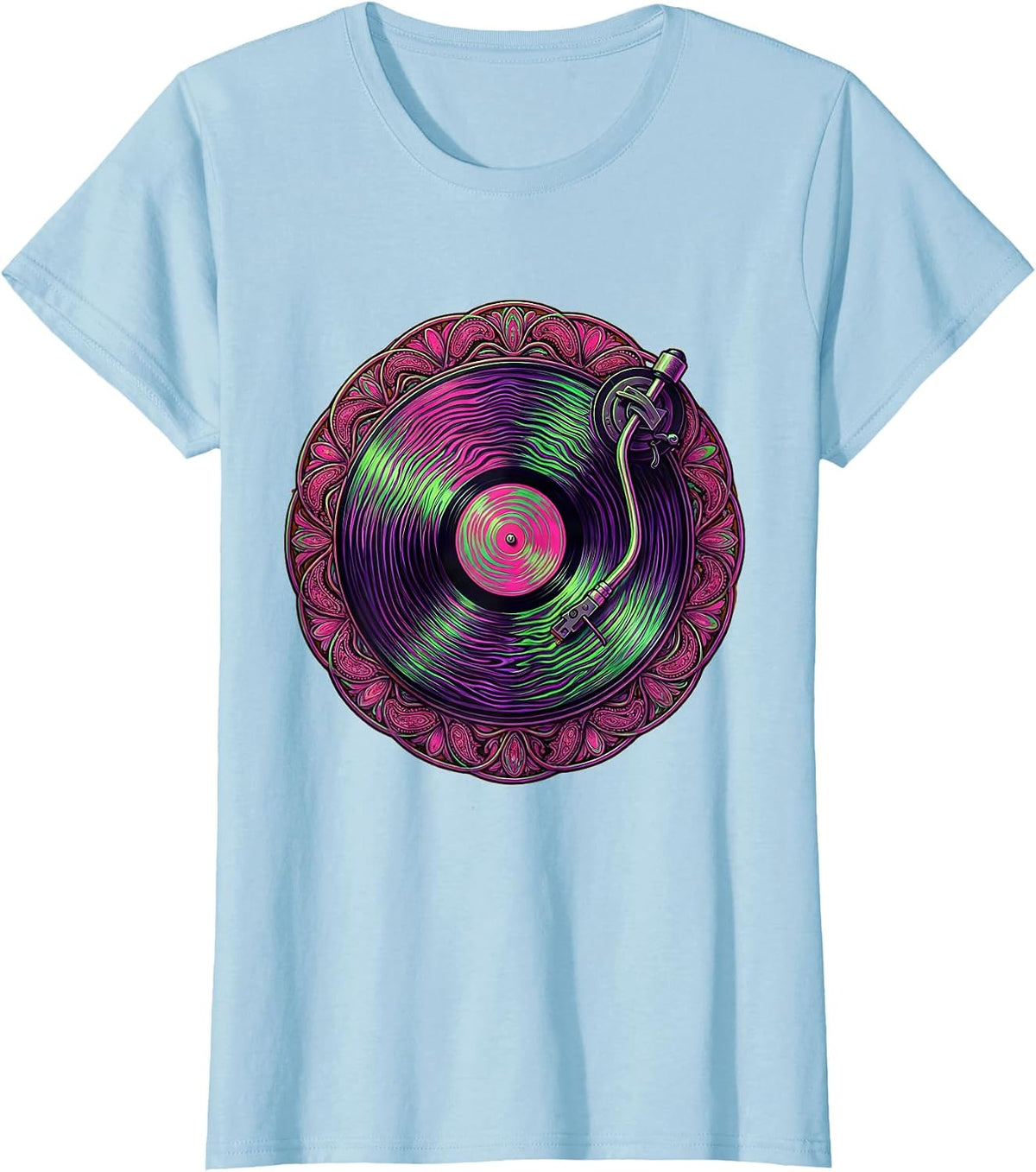Disco Turntable Spinning Record DJ Graphic T-Shirt - Baby Blue