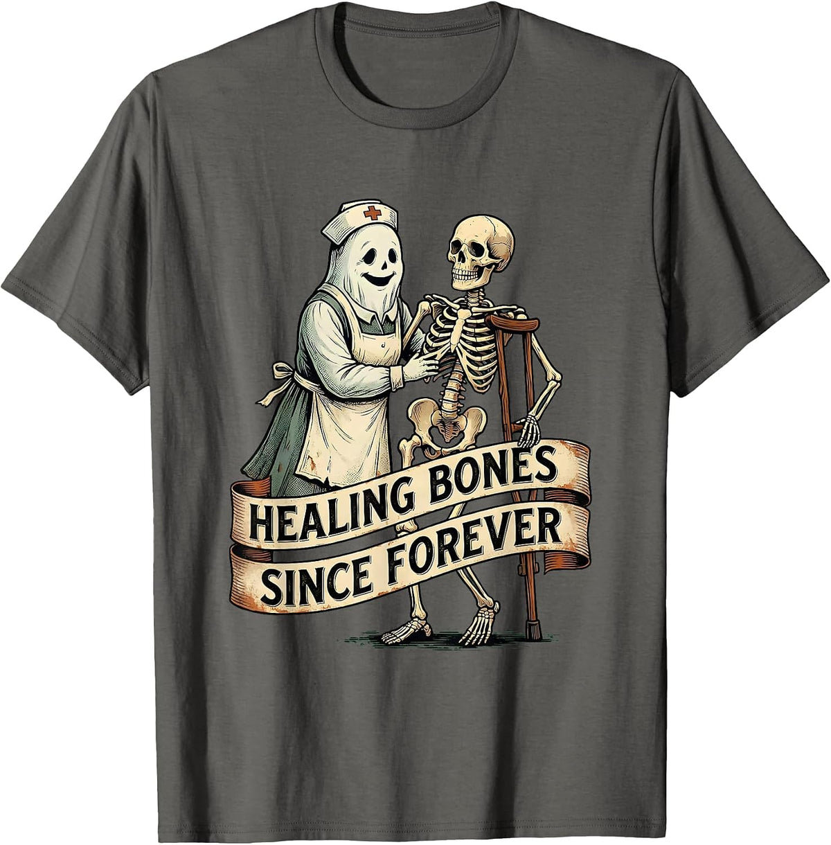 Men's Halloween Nurse Ghost Physical Therapist Design T-Shirt - Asphalt Grey