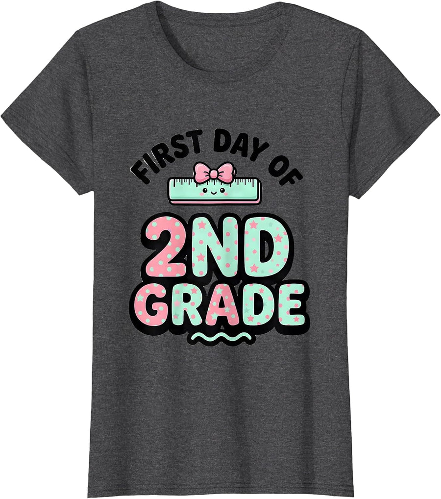 Women's First Day Of 2nd Grade Cute Kawaii Bow Back To School T-Shirt - Dark Heather Grey