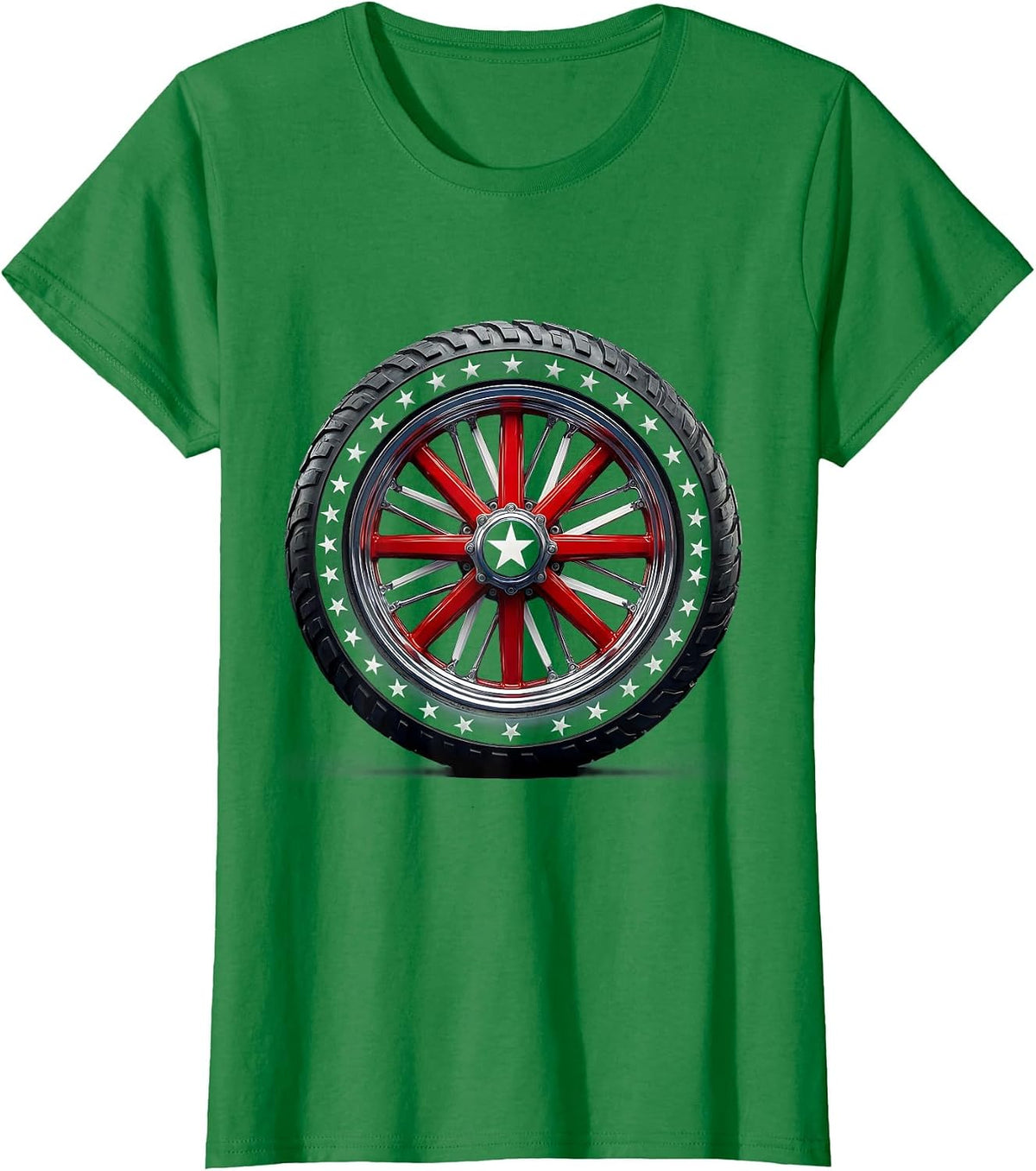 Women's American Flag Motorcycle Wheel Patriotic Design T-Shirt - Kelly Green